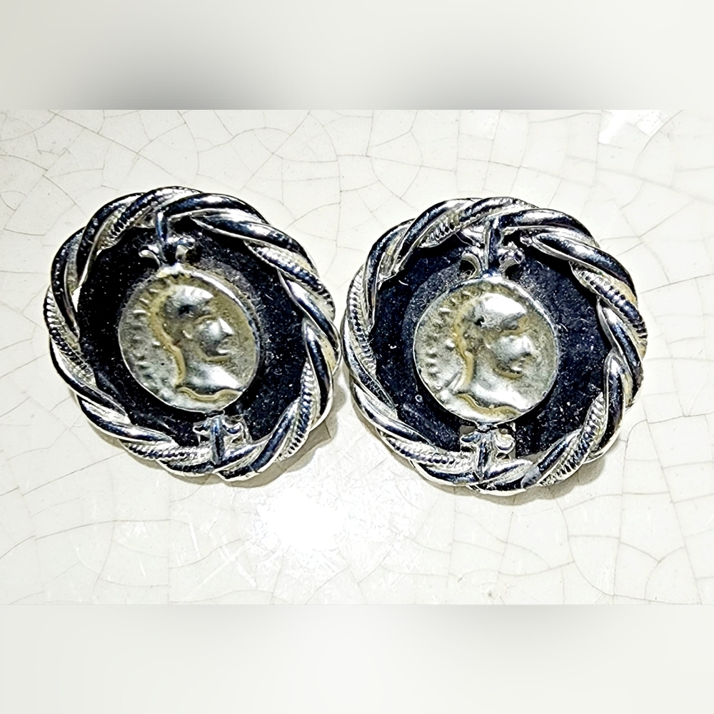 Classic Greek Roman coin silver and blue round button posts pierced earrings